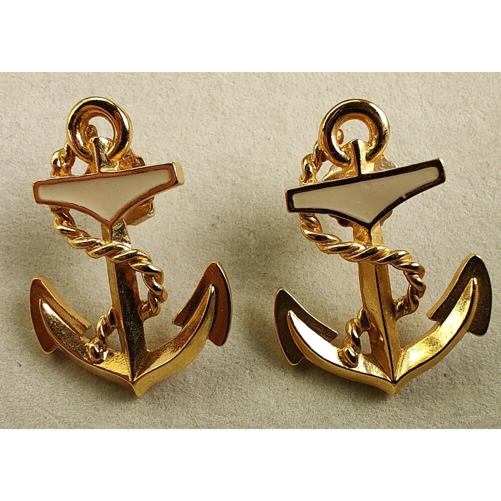 Vintage Avon Gold Tone & Cream Enamel Nautical Anchor Pierced Earrings Beach
